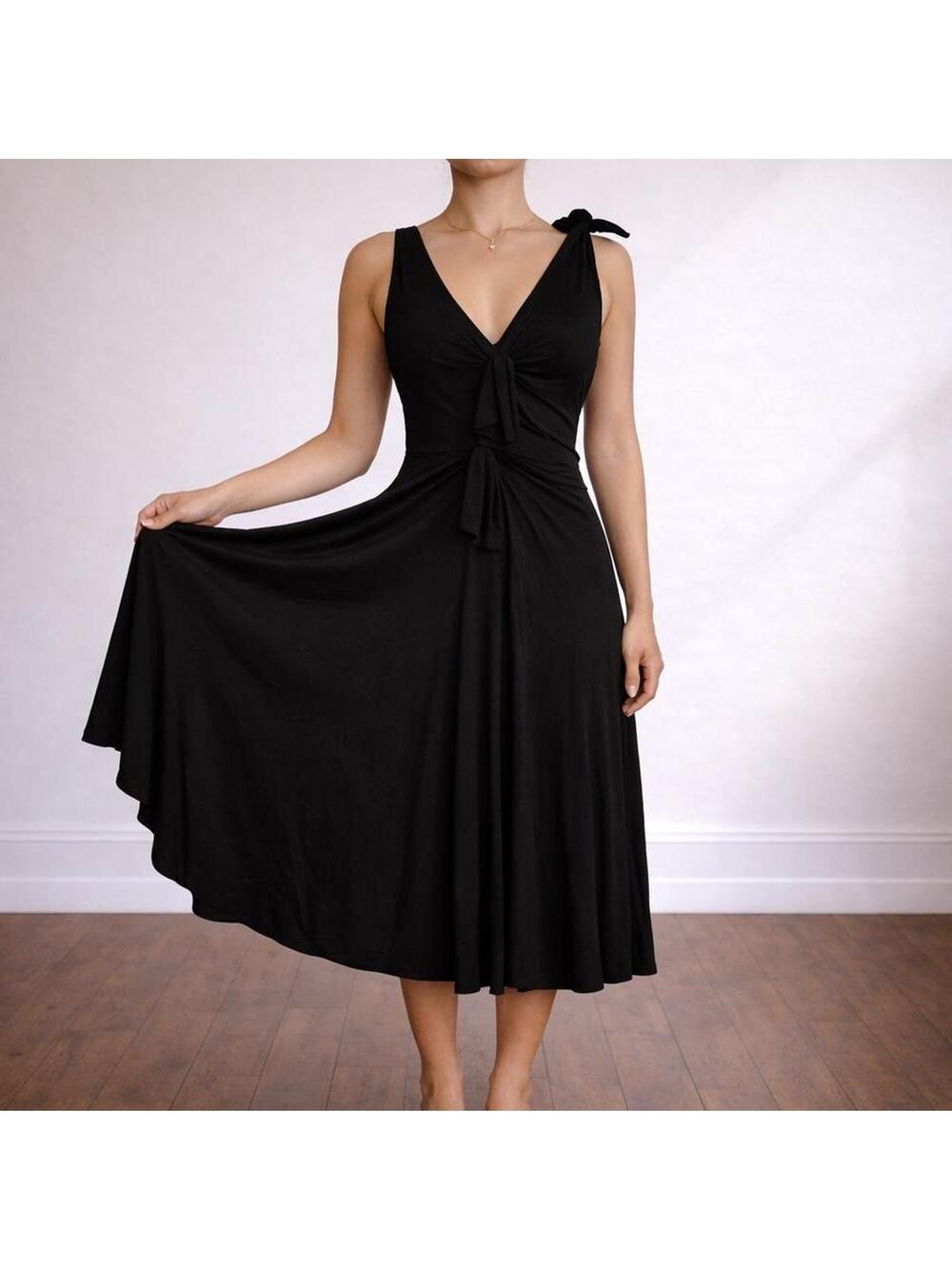 Vintage Rebecca Taylor 100% Liquid Silk Black Tie Shouldr Midi Dress Size L